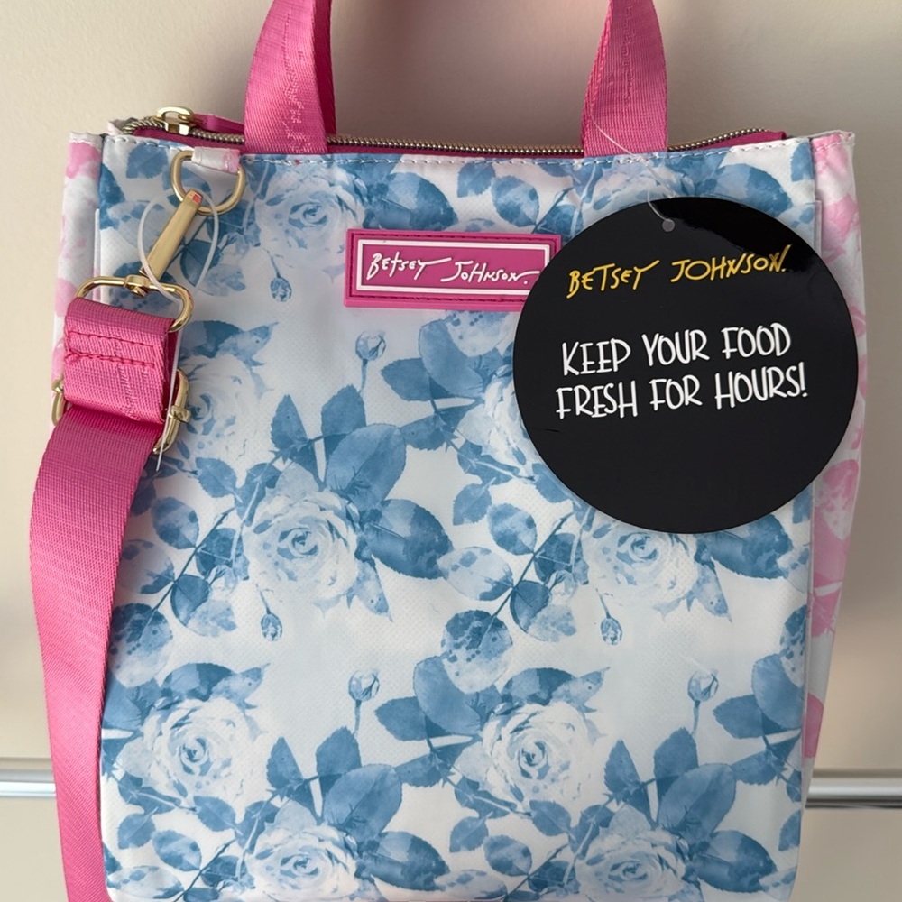 NEW Betsey Johnson floral blue pink tote lunch bag - Picture 1 of 11